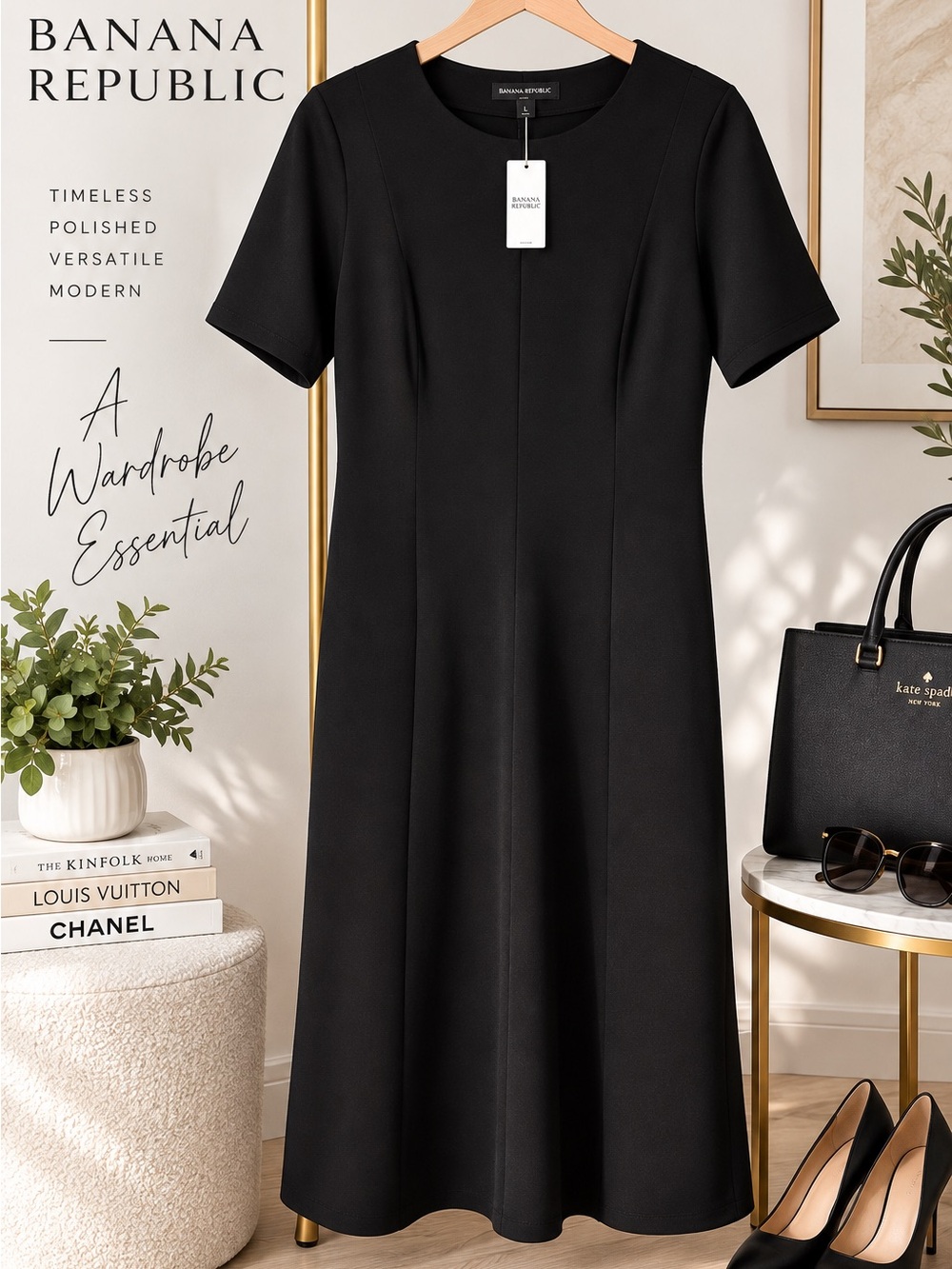 Banana Republic NWT Black Short Sleeve Midi Dress Large Stretch Knit Minimalist